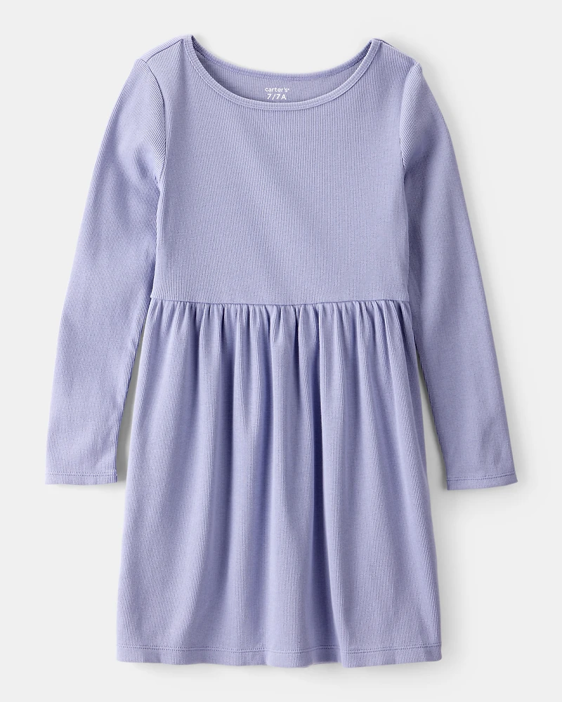 Girls Long Sleeve Cotton Dress - Blue