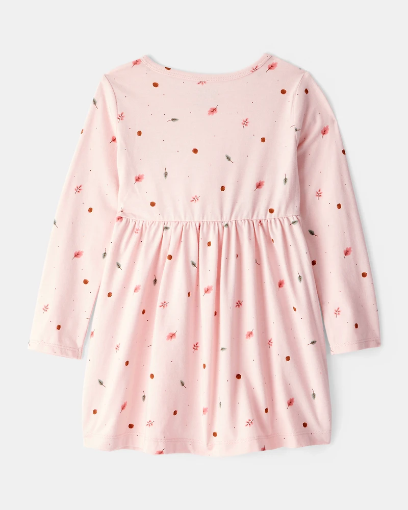 Toddler Girl Leaf Print Long Sleeve Dress - Pink