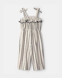 Toddler Girl Striped Ruffle Jumpsuit - Cream