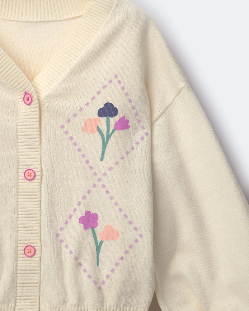 Toddler Girl Embroidered Cardigan Sweater with Flowers - Cream