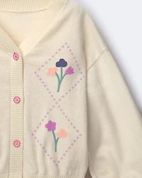 Toddler Girl Embroidered Cardigan Sweater with Flowers - Cream