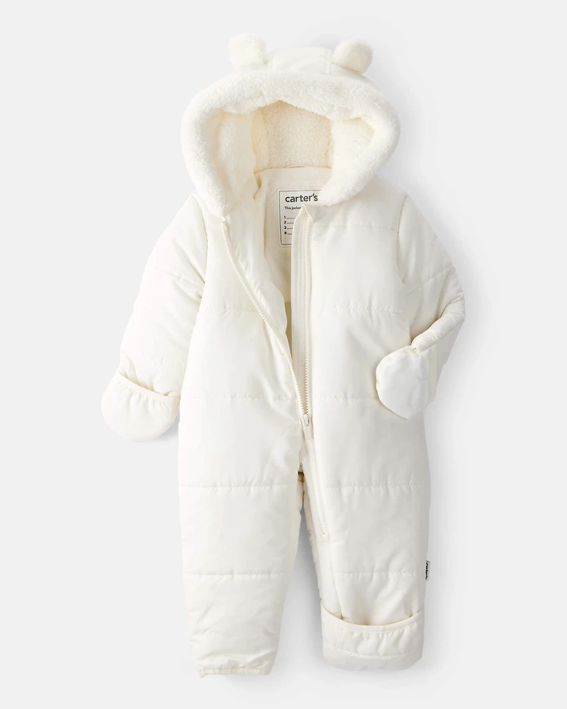 Baby Girl 1-Piece Bear Ears Hooded Pram Snowsuit - Cream