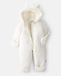 Baby Girl 1-Piece Bear Ears Hooded Pram Snowsuit - Cream