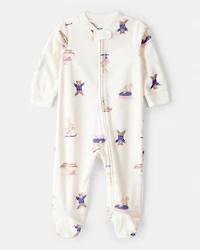 Baby Girl Animal Ski Print Loose Fit Long-Sleeve Sleeper - Cream