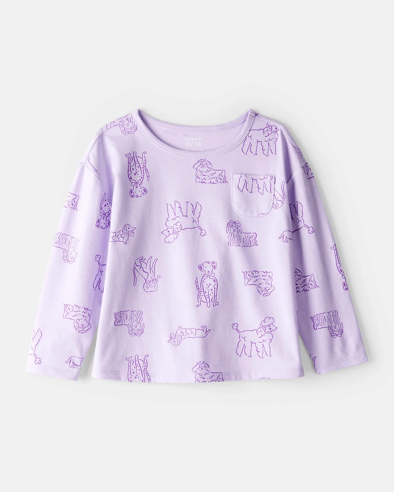 Toddler Girl Dog Print Long-Sleeve Pocket Tee - Purple