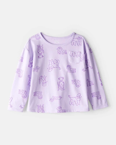 Toddler Girl Dog Print Long-Sleeve Pocket Tee - Purple