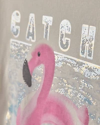 Girls 'Catch Me Poolside' Flamingo Graphic Tee - Cream