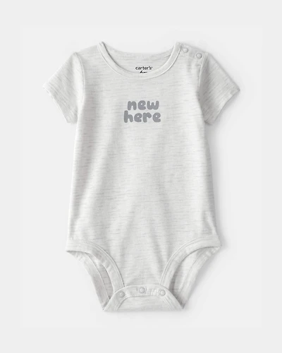 Baby 'New Here' Graphic Bodysuit - Grey