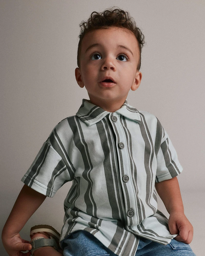 Toddler Boy Button-Down Short-Sleeve Shirt Stripes - Light Green