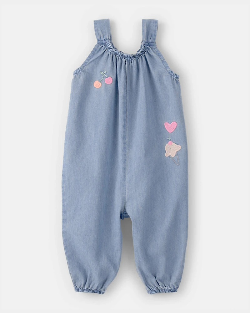 Baby Girl Embroidered Chambray Sleeveless Jumpsuit - Blue