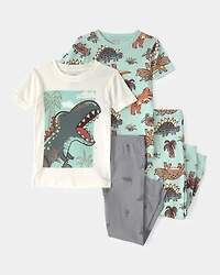 Toddler Boy Dinosaur 100% Cotton Snug Fit 4-Piece Pyjama Set - Blue/Grey