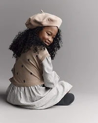 Toddler Girl Beret with Face Graphic - Tan