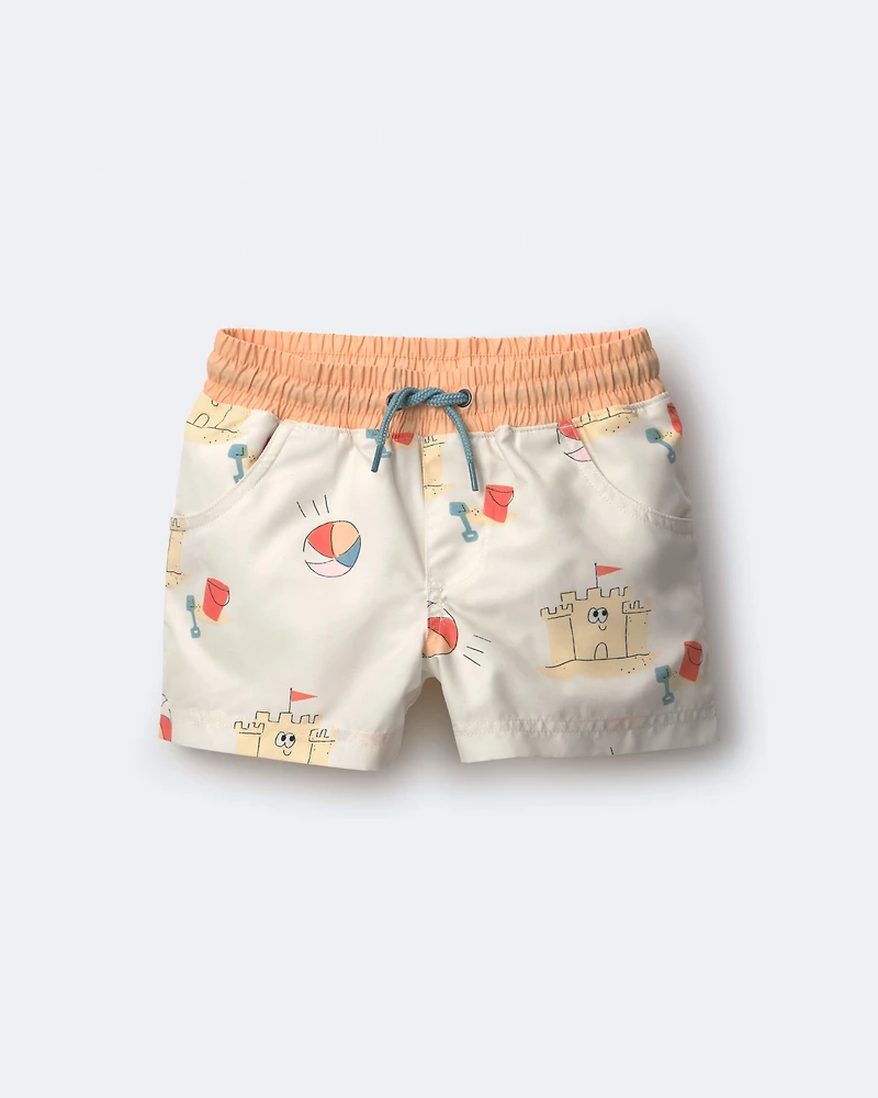 Toddler Boy Swim Trunks Sandcastle Print - Cream