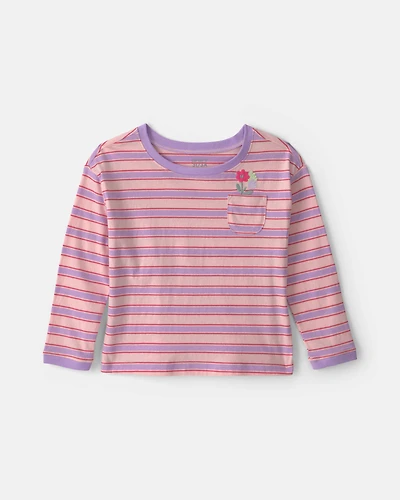 Toddler Girl Flower Striped Long-Sleeve Top - Pink