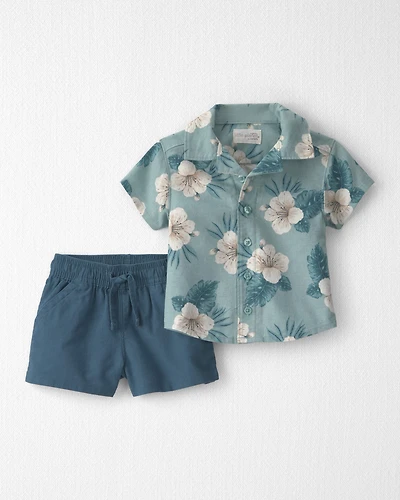 Baby Boy 2-Piece Linen Top & Short Set Made with Organic Cotton Blue Hibiscus