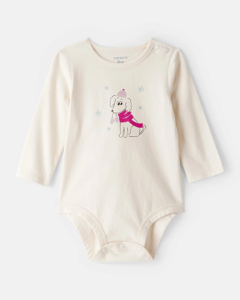 Baby Girl Dog Long-Sleeve Graphic Bodysuit - Cream