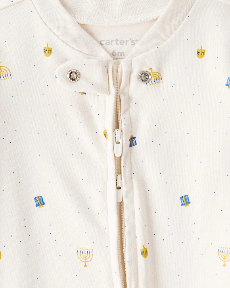 Baby Hanukkah Microprint 100% Cotton Sleeper - Cream