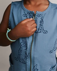 Toddler Boy Romper with Otter Pockets Fishing Tiger Print - Slate