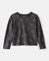 Girls Smiley Face Print Long-Sleeve Top - Black