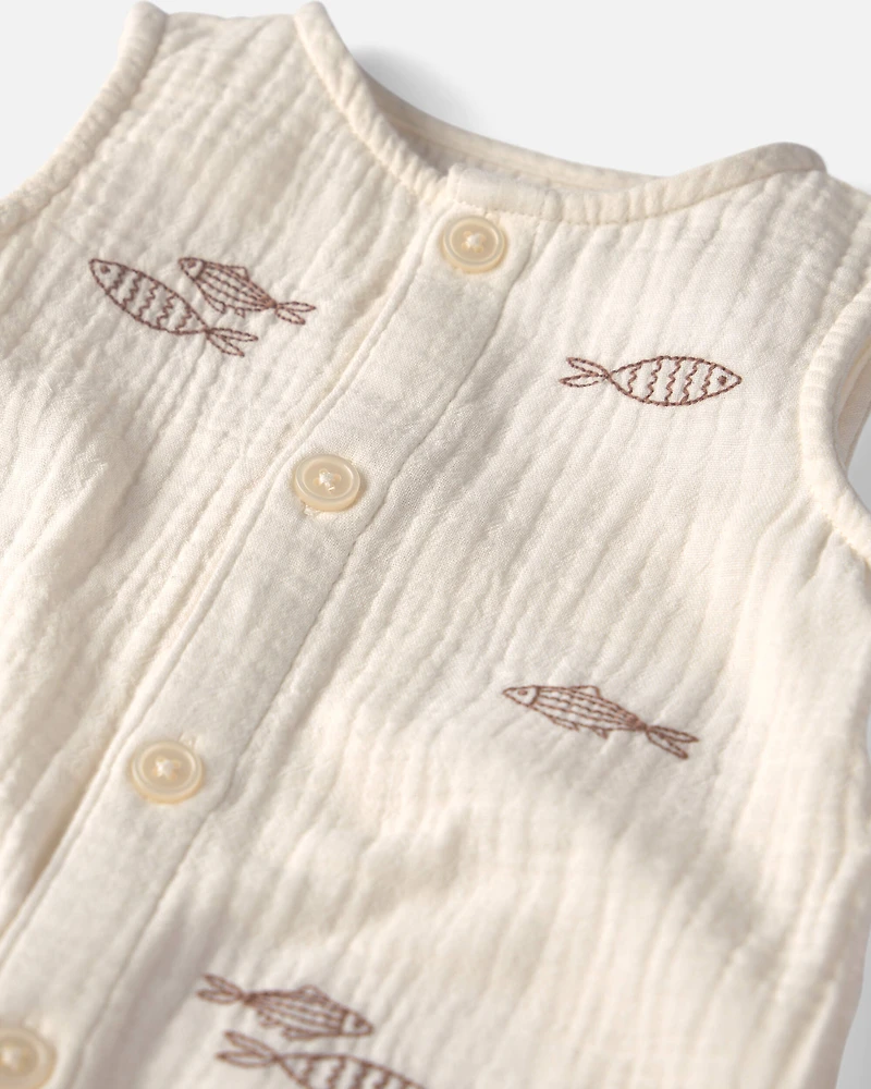 Baby Organic Cotton Gauze Embroidered Romper