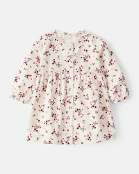 Baby Girl Floral Print Corduroy Long-Sleeve Dress - White
