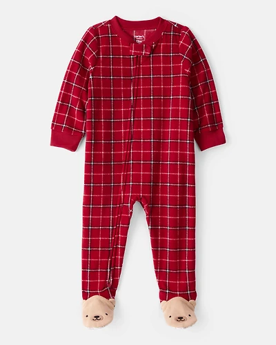 Toddler Boy Plaid Fleece Long-Sleeve Loose Fit 1-Piece Pajamas - Red