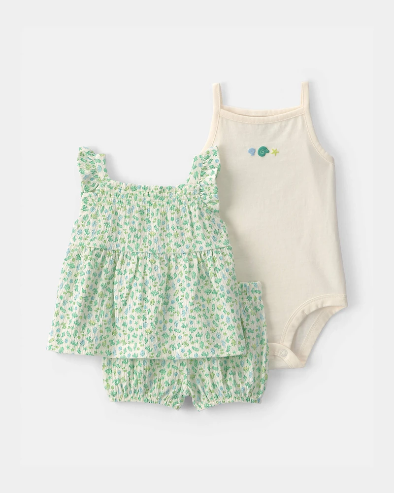 Baby Girl 3-Piece Shell Top & Short Set - Green/Ivory