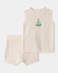 Baby 2-Piece Sailboat Crochet Top & Short Set - Cream