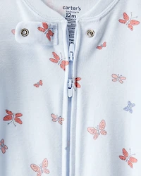 Baby Girl Butterfly 100% Cotton Snug Fit 2-Way Zip Footie 1-Piece Pyjamas - Blue