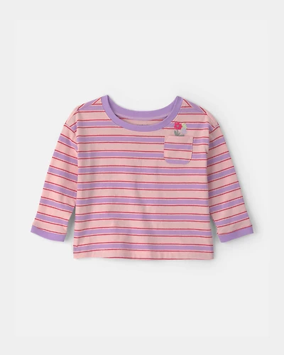 Baby Girl Flower Striped Long-Sleeve Top - Pink