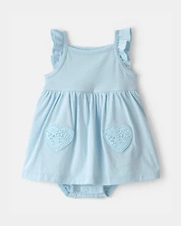 Baby Girl Heart Sleeveless Bodysuit Dress - Blue