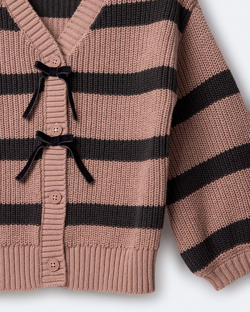 Toddler Girl Striped Puff-Sleeve Cardigan with Bows - Mocha Brown/Black
