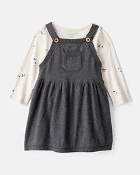 Baby Girl Bow Print Cotton Long-Sleeve Dress Set - White/Grey