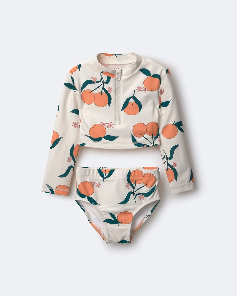 Toddler Girl Half-Zip Long-Sleeve Rashguard Set Clementine Grove Print - Cream