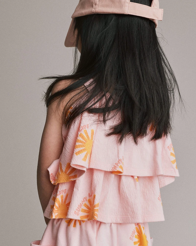 Toddler Girl Off Shoulder Flowy Top Sunny Life Print - Rose