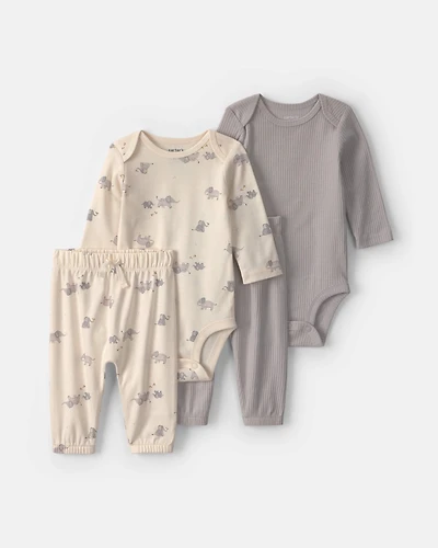 Baby 4-Piece Elephant Long-Sleeve Bodysuit & Pant Set - Grey