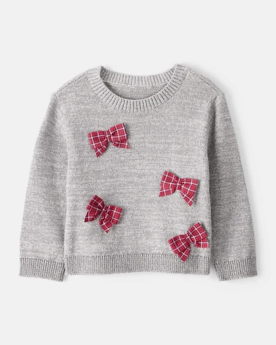 Baby Girl Bow Cotton Long-Sleeve Sweater - Grey