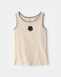 Girls Flower Embroidered Rib Tank Top - Ivory