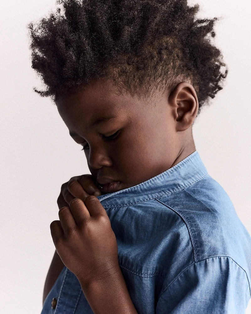 Toddler Boy Mandarin Collar Button-Down Shirt Chambray