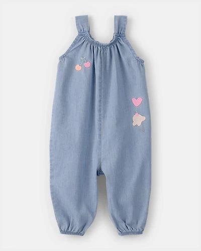 Baby Girl Embroidered Chambray Sleeveless Jumpsuit - Blue