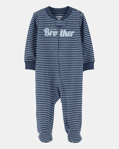 Baby Boy Striped Little Bro 2-Way Zip Cotton Sleeper - Navy Blue