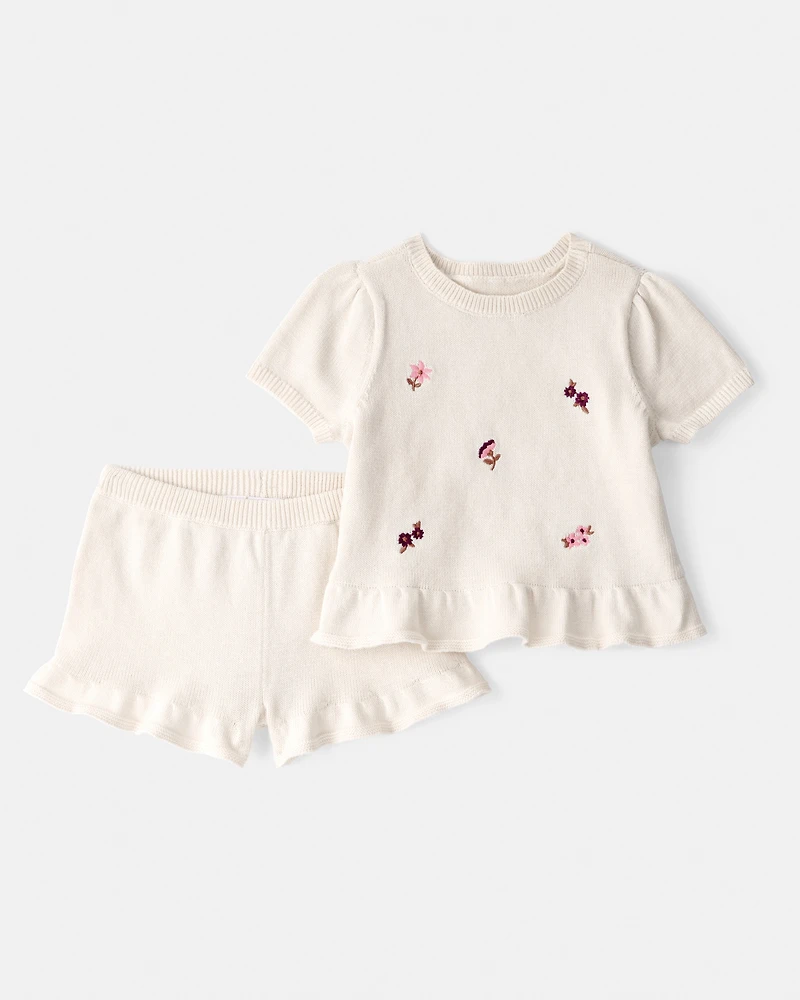 Baby Girl 2-Piece Floral Embroidered Short-Sleeve Top & Short Set - Cream