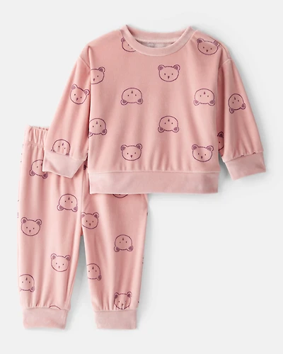 Baby Girl 2-Piece Bear Print Velour Sweatshirt & Jogger Set - Pink