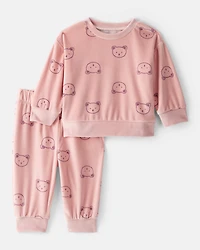 Baby Girl 2-Piece Bear Print Velour Sweatshirt & Jogger Set - Pink