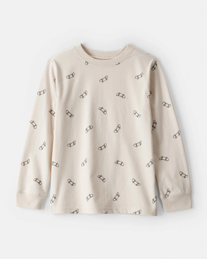 Boys Skateboard Print Long-Sleeve Graphic Tee - Brown