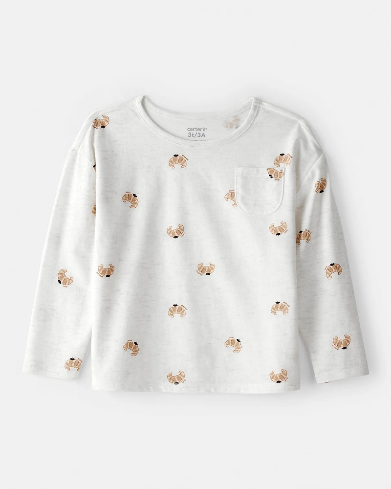 Toddler Girl Croissant Print Long Sleeve Tee - Cream