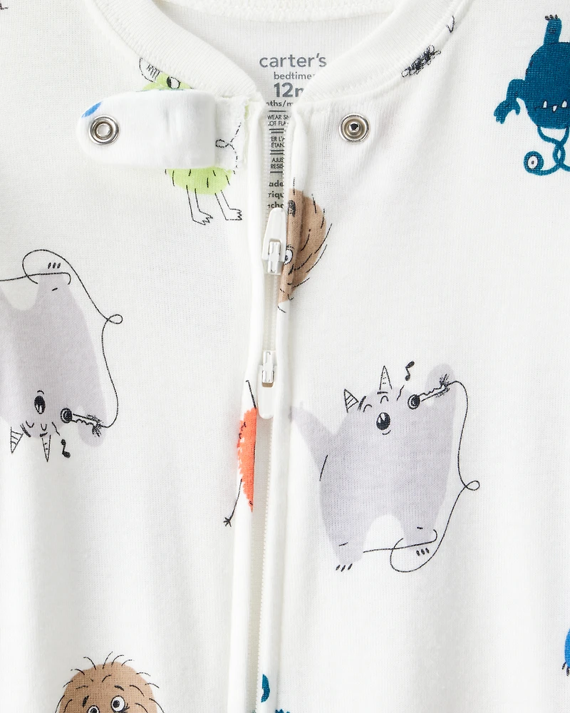 Baby Boy Monster 100% Cotton Snug Fit 2-Way Zip Footie 1-Piece Pyjamas - Ivory