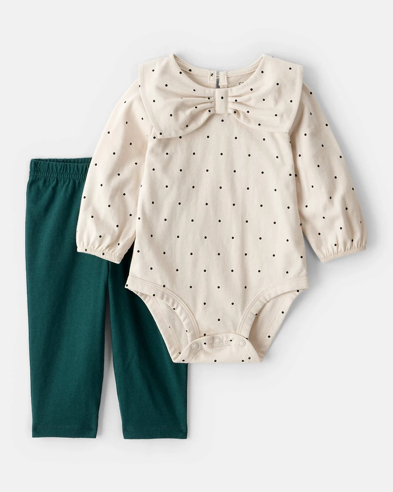 Baby Girl 2-Piece Bow Bodysuit & Pant Set - Cream/Green