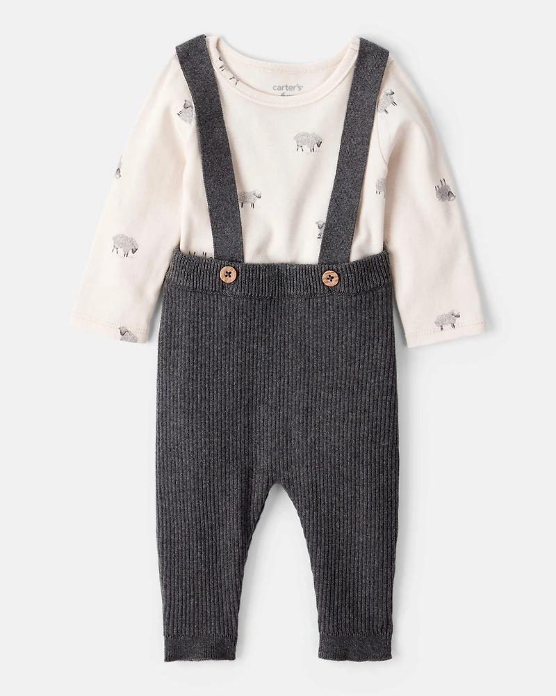 Baby Boy 2-Piece Sheep Print Cotton Long-Sleeve Overall Set - White/Grey