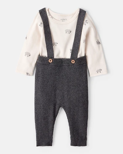 Baby Boy 2-Piece Sheep Print Cotton Long-Sleeve Overall Set - White/Grey